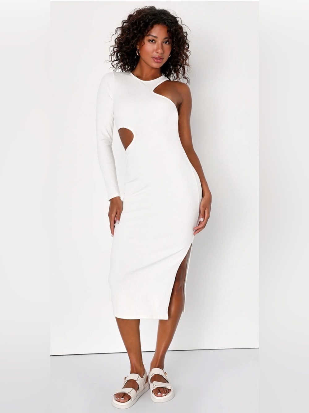 Lulus Enticing Allure White Ribbed Asymmetrical Cutout Midi Dress